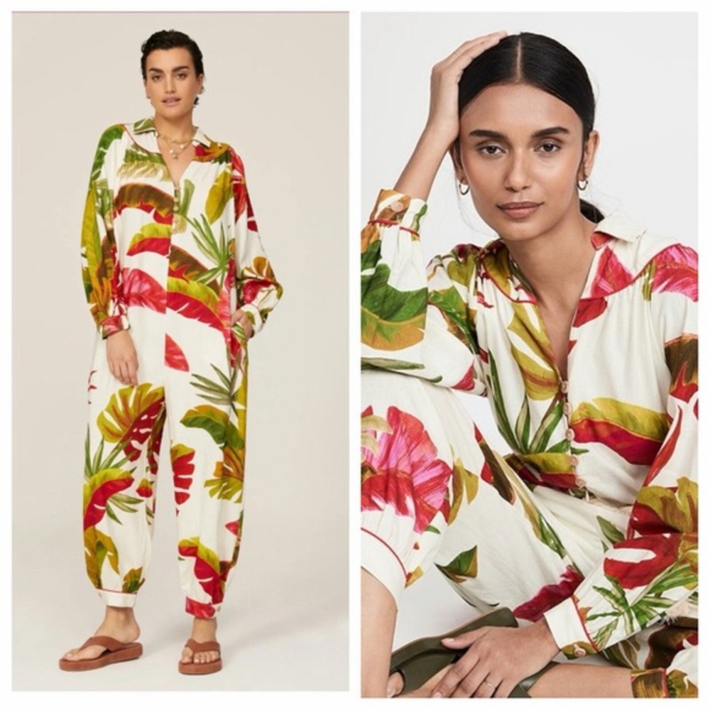 FARM Rio‎ Spring Forest Jumpsuit Linen Blend Long Sleeves Multicolor Size S